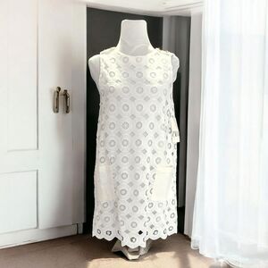 Zara White Cut Out Mini Lace Cotton Sleeveless Dress With Pockets Women's Size S
